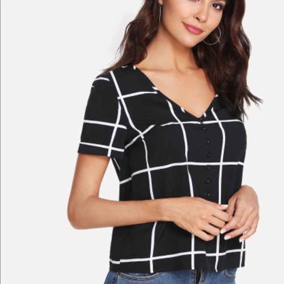 Black Grid Blouse Top - Picture 2 of 3